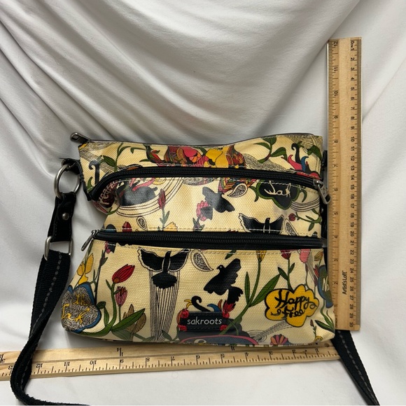 Sakroots Peace and Love Crossbody Bag Purse Floral Bird AOP 3 Zipper Vintage - Picture 1 of 7